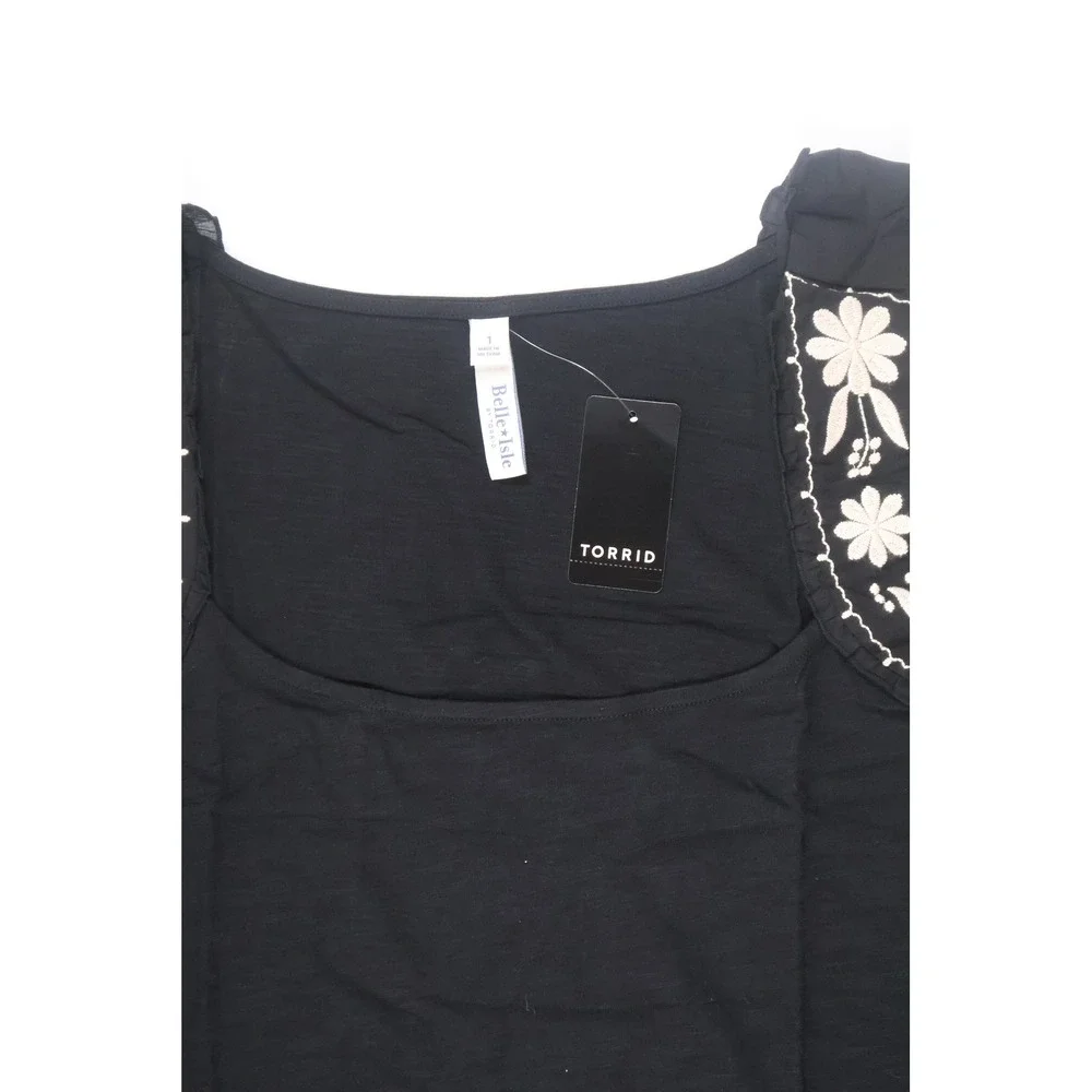 Torrid Top Belle Isle Embroidered Flutter Sleeve Black Floral 1X NWT